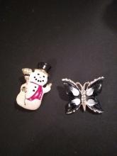 2 Enamelled Pins, Snowman and Butterfly