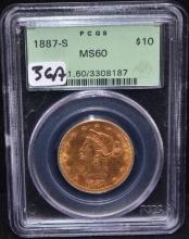 1887-S $10 LIBERTY GOLD COIN - PCGS MS60