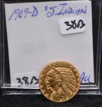 1909-D $5 INDIAN HEAD GOLD COIN