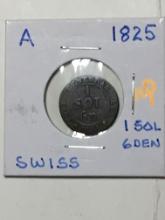 1825 Swiss 1 Sol 6 Deniers
