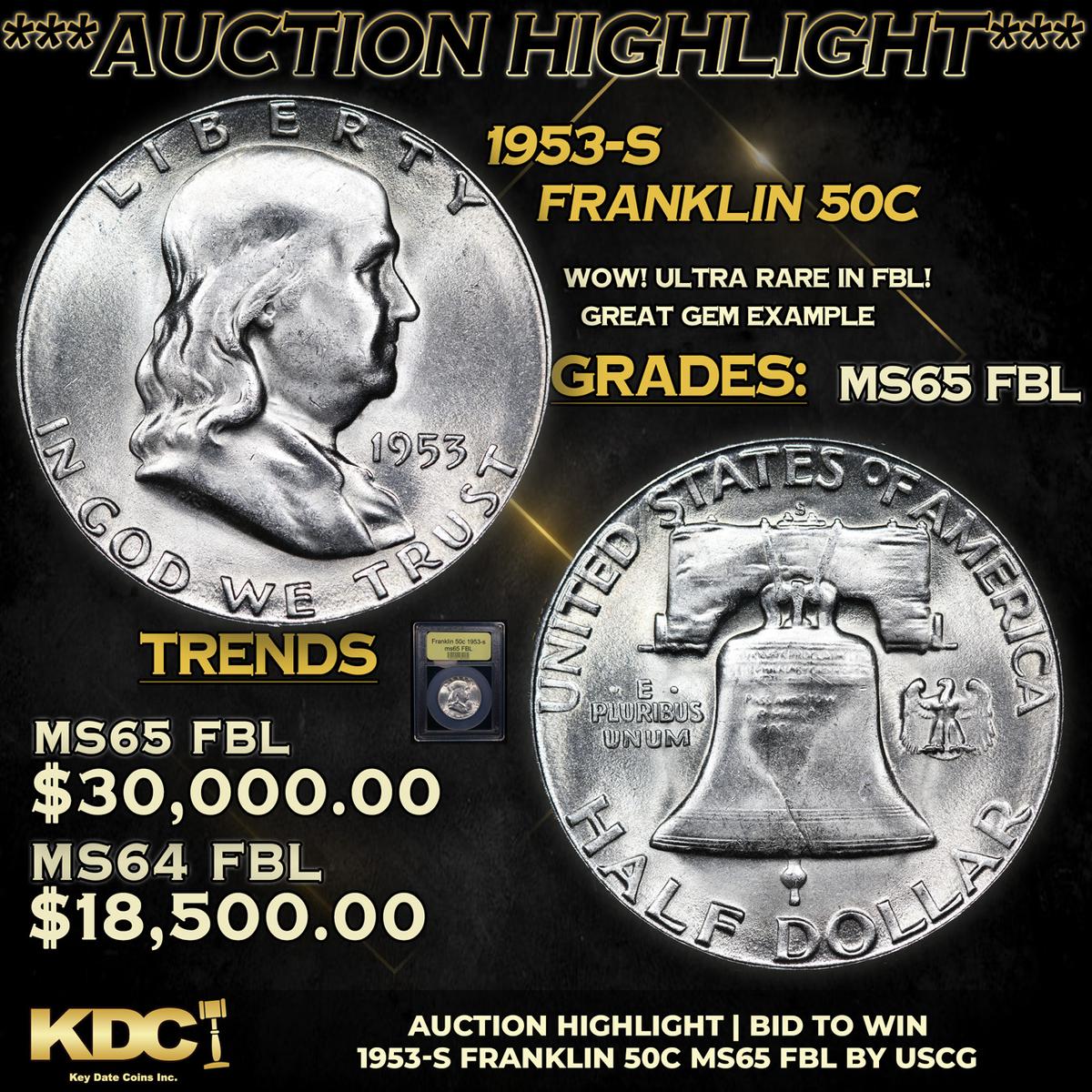 ***Auction Highlight*** 1953-s Franklin Half Dollar 50c Graded GEM FBL BY USCG (fc)