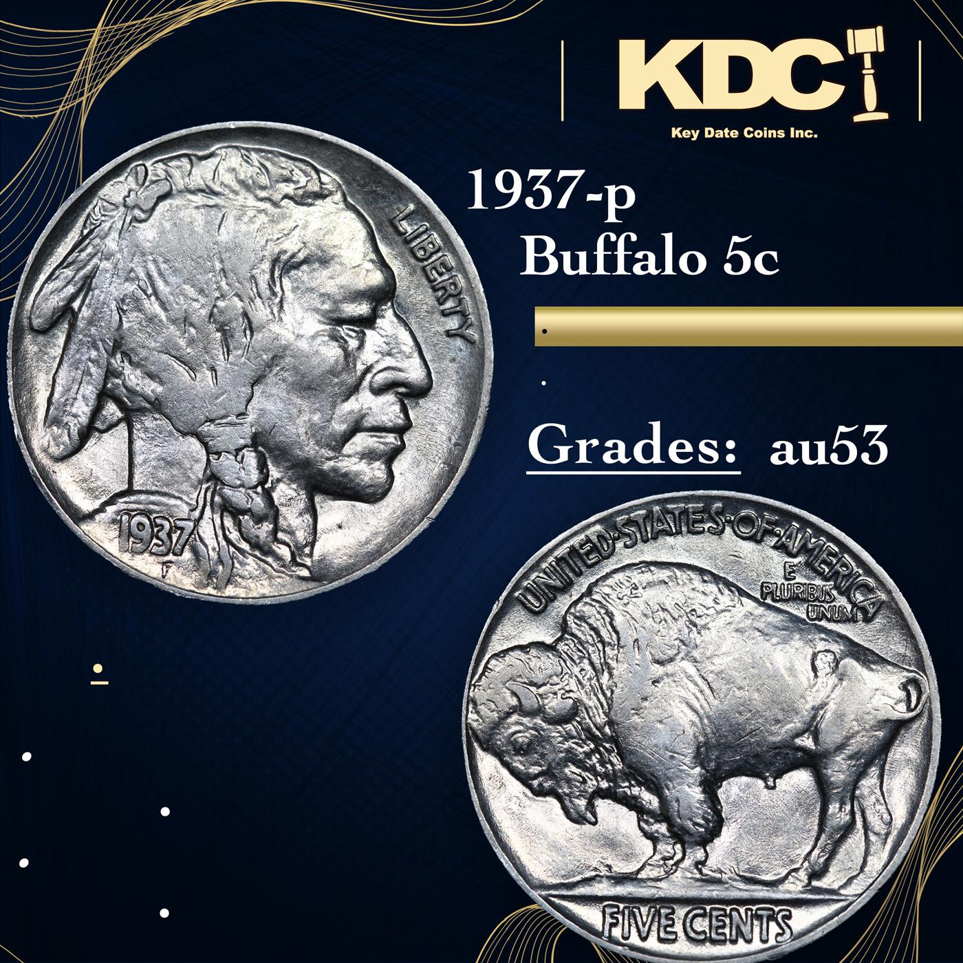 1937-p Buffalo Nickel 5c Grades Select AU