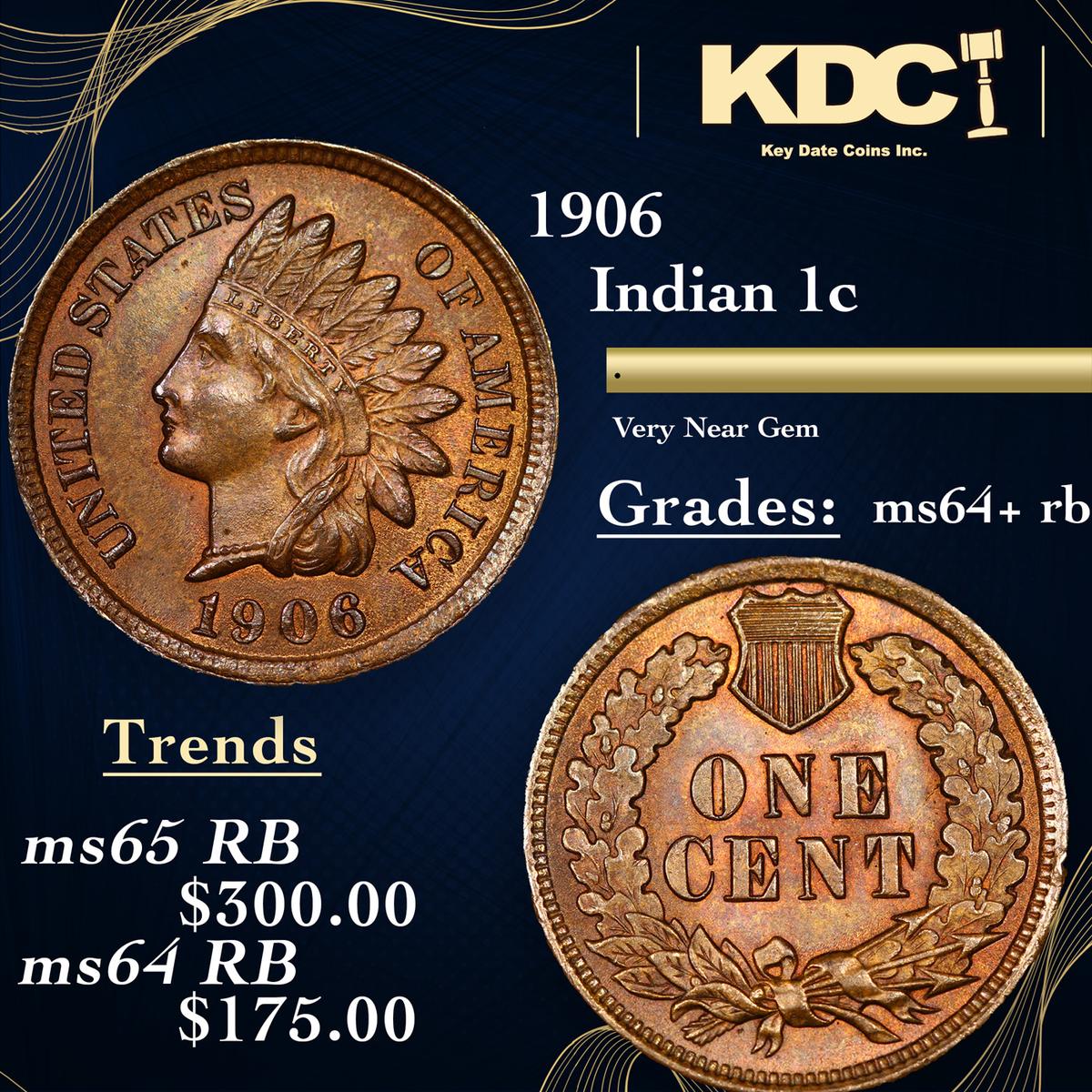 1906 Indian Cent 1c Grades Choice+ Unc RB