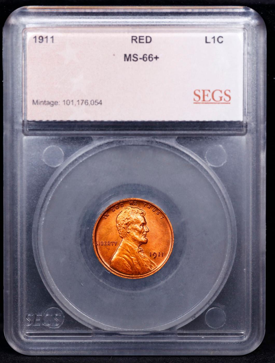 ***Auction Highlight*** 1911-p Lincoln Cent Near Top Pop! 1c Graded ms66+ rd By SEGS (fc)