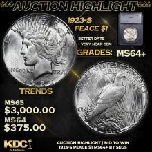 ***Auction Highlight*** 1923-s Peace Dollar 1 Graded ms64+ By SEGS (fc)