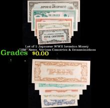 Lot of 5 Japanese WWII Invasion Money "JIM" Notes, Various Countries & Denominations Grades