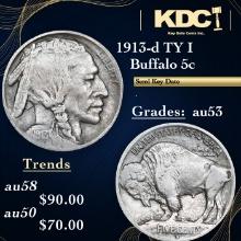 1913-d TY II Buffalo Nickel 5c Grades Select AU