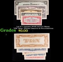 Lot of 5 Japanese WWII Invasion Money "JIM" Notes, Various Countries & Denominations Grades