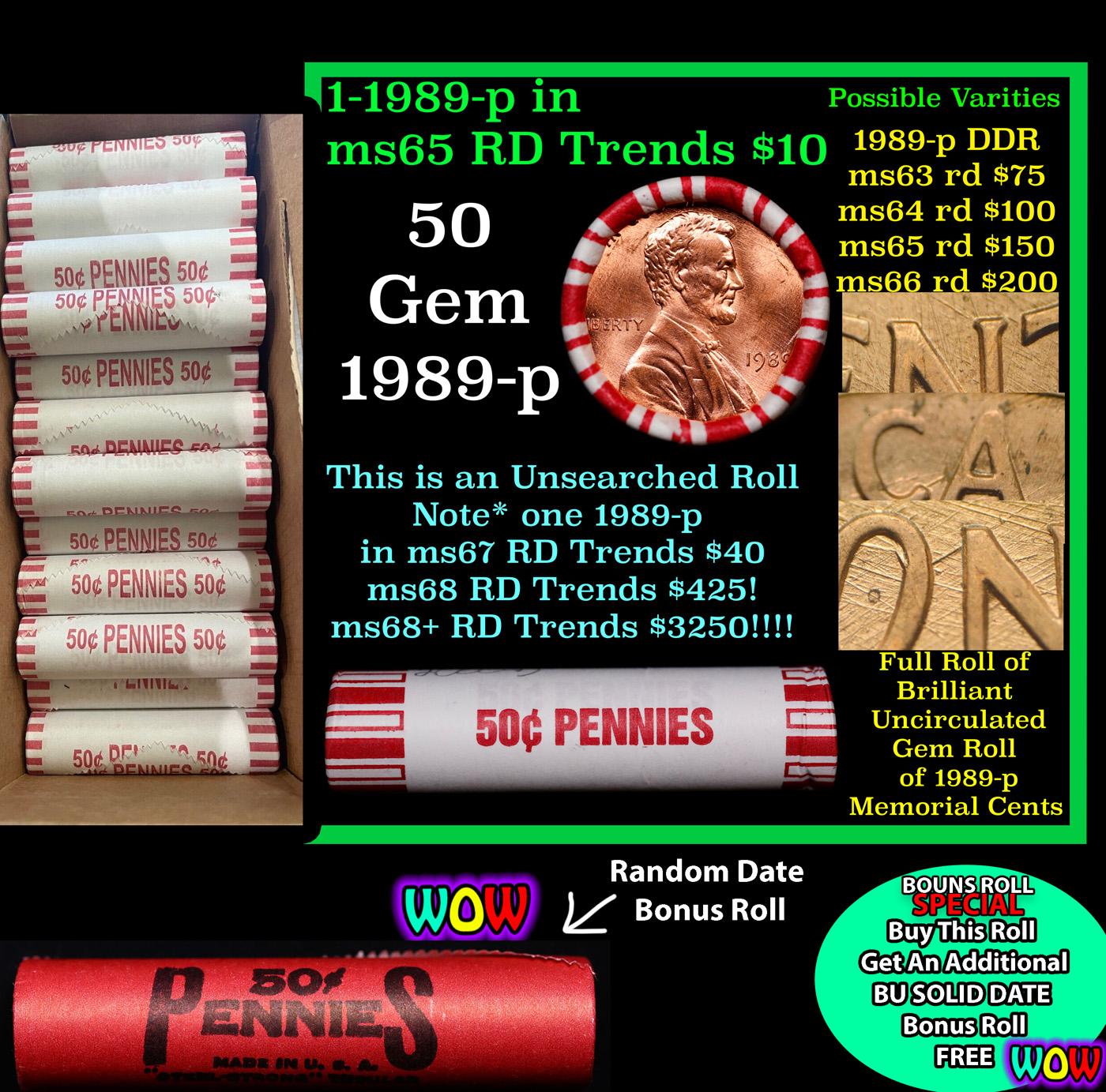 THIS AUCTION ONLY! BU Shotgun Lincoln 1c roll, 1989-p 50 pcs Plus one bonus random date BU roll! Ban