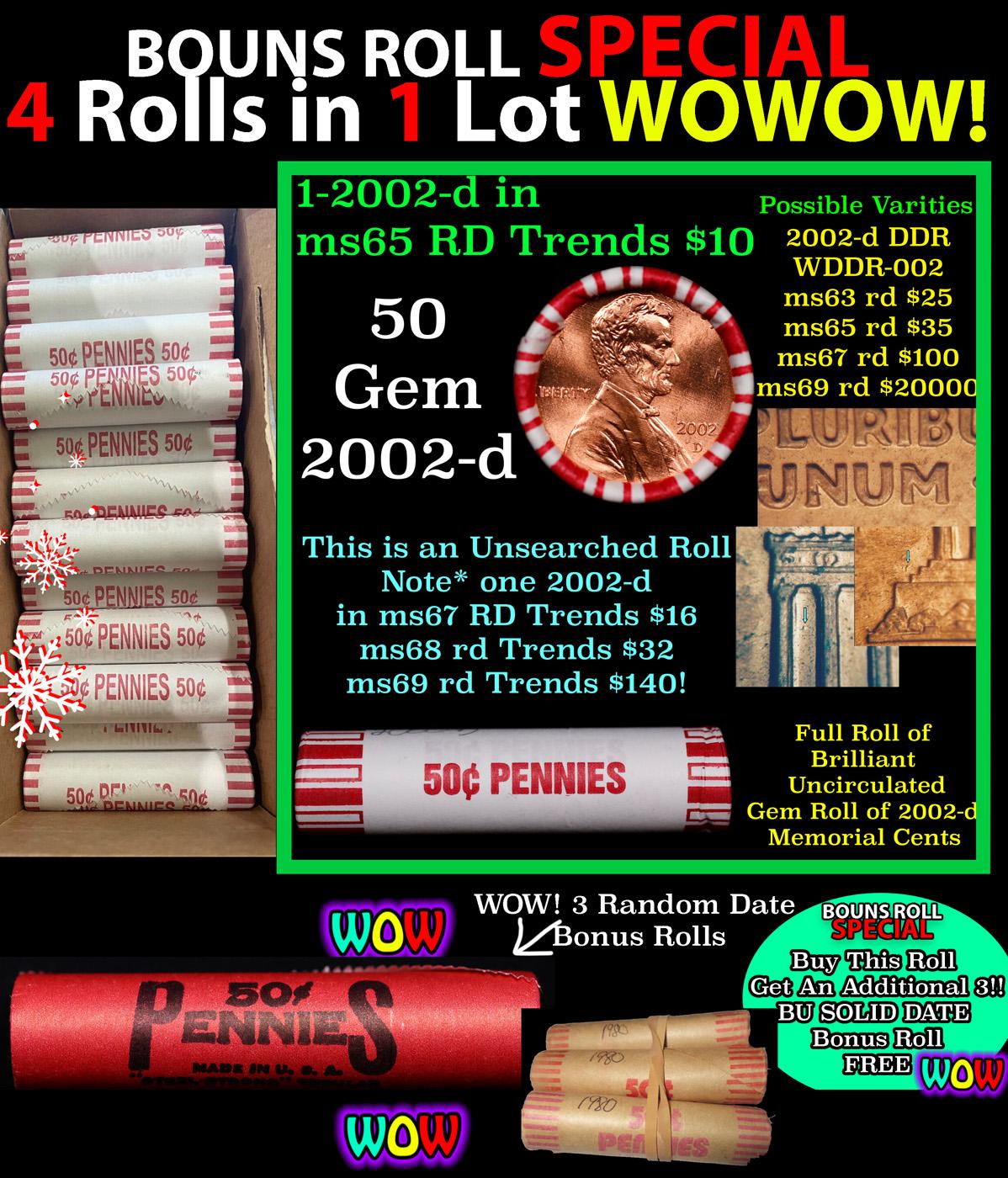 THIS AUCTION ONLY! BU Shotgun Lincoln 1c roll, 2002-d 50 pcs Plus THREE bonus random date BU roll! B