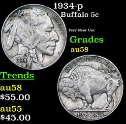 1934-p Buffalo Nickel 5c Grades Choice AU/BU Slider