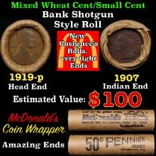 Small Cent Mixed Roll Orig Brandt McDonalds Wrapper, 1919-p Lincoln Wheat end, 1907 Indian other end
