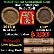 Small Cent Mixed Roll Orig Brandt McDonalds Wrapper, 1916-p Lincoln Wheat end, 1897 Indian other end