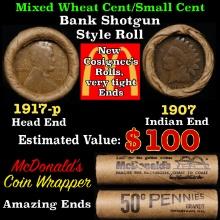 Small Cent Mixed Roll Orig Brandt McDonalds Wrapper, 1917-p Lincoln Wheat end, 1907 Indian other end