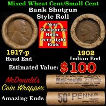 Small Cent Mixed Roll Orig Brandt McDonalds Wrapper, 1917-p Lincoln Wheat end, 1902 Indian other end
