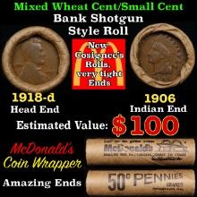 Small Cent Mixed Roll Orig Brandt McDonalds Wrapper, 1918-d Lincoln Wheat end, 1906 Indian other end