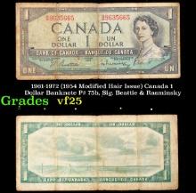 1961-1972 (1954 Modified Hair Issue) Canada 1 Dollar Banknote P# 75b, Sig. Beattie & Rasminsky vf+