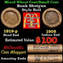 Small Cent Mixed Roll Orig Brandt McDonalds Wrapper, 1919-p Lincoln Wheat end, 1905 Indian other end