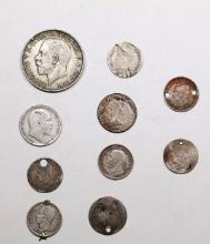 Group of 10 Coins, 1 Florin, 3x 1/4 Bolivar, 2x Threepence, Sixpence, Canada 10c, Others