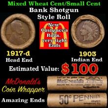 Small Cent Mixed Roll Orig Brandt McDonalds Wrapper, 1917-d Lincoln Wheat end, 1903 Indian other end