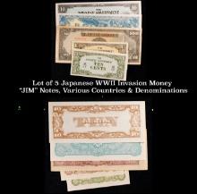 Lot of 5 Japanese WWII Invasion Money "JIM" Notes, Various Countries & Denominations Grades