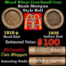 Small Cent Mixed Roll Orig Brandt McDonalds Wrapper, 1918-p Lincoln Wheat end, 1905 Indian other end