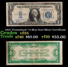 1934 "Funnyback" $1 Blue Seal Silver Certificate Grades vf+