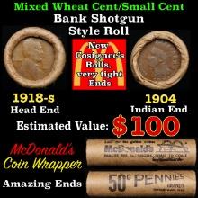 Small Cent Mixed Roll Orig Brandt McDonalds Wrapper, 1918-s Lincoln Wheat end, 1904 Indian other end