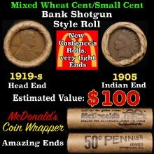 Small Cent Mixed Roll Orig Brandt McDonalds Wrapper, 1919-s Lincoln Wheat end, 1905 Indian other end