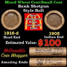 Small Cent Mixed Roll Orig Brandt McDonalds Wrapper, 1916-d Lincoln Wheat end, 1905 Indian other end