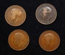 Group of 4 Coins, Great Britain Pennies, 1914, 1917, 1918, 1919 .