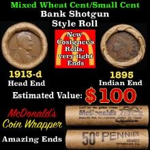 Small Cent Mixed Roll Orig Brandt McDonalds Wrapper, 1913-d Lincoln Wheat end, 1895 Indian other end