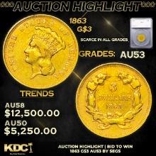 ***Auction Highlight*** 1863 Three Dollar Gold 3 Graded au53 BY SEGS (fc)