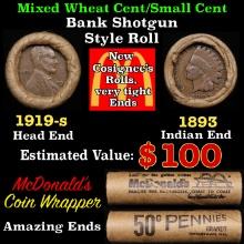 Small Cent Mixed Roll Orig Brandt McDonalds Wrapper, 1919-s Lincoln Wheat end, 1893 Indian other end