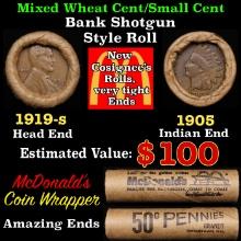 Small Cent Mixed Roll Orig Brandt McDonalds Wrapper, 1919-s Lincoln Wheat end, 1905 Indian other end