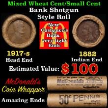 Small Cent Mixed Roll Orig Brandt McDonalds Wrapper, 1917-s Lincoln Wheat end, 1882 Indian other end
