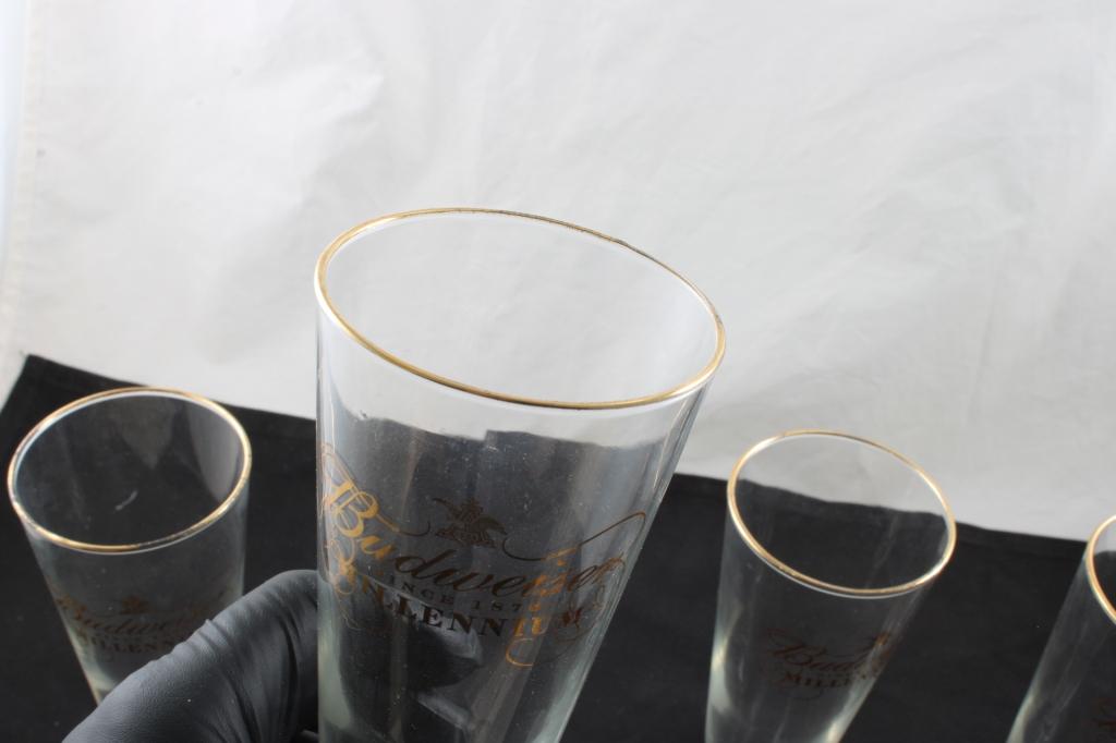 4 Budweiser Millennium Globe Foot Gold Rim Glasses