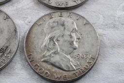 4 Franklin Half Dollars 1952, 1961D,1962D,1963D