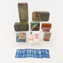 Vintage tobacco tins, cigarette packs, papers