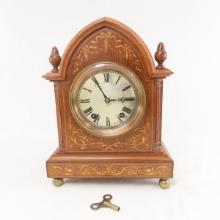 Antique Inlaid  Wood Mantel Clock with Key - Works