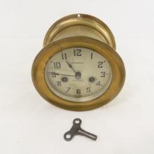 Waterbury Brass Ship's Bell Clock & Key - Works