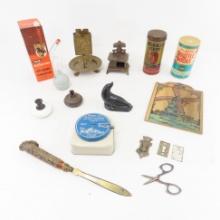 Toy stove, cigarette stand, letter opener, & more