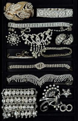 Lot of 14 pieces of vintage & estate rhinestone fashion jewelry