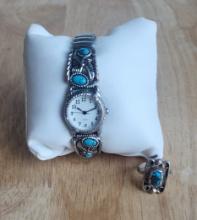 VINTAGE AVON NATIVE AMERICAN STYLE WATCH & SILVER RING WITH BLUE STONE .21 OZ