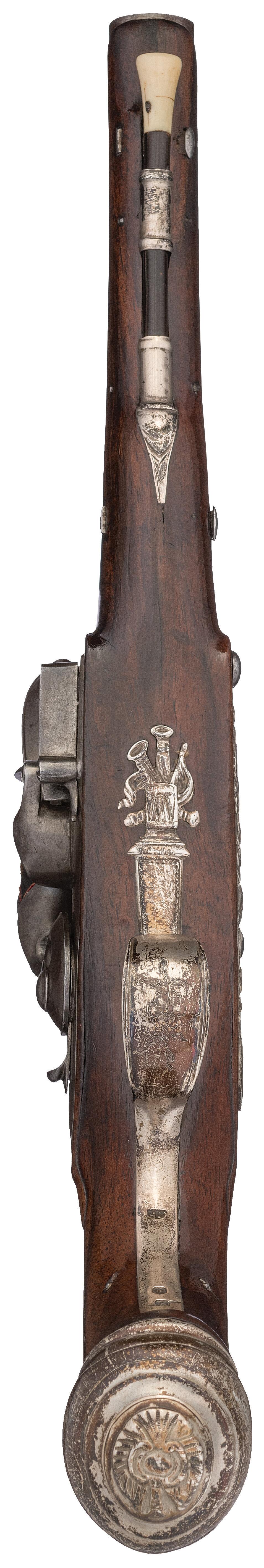 Revolutionary War Era Silver Mounted Flintlock Pistols by Barbar