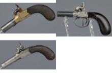 Three Engraved European Boxlock Percussion Pocket Pistols