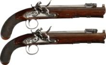 Engraved Pair of Broomhead Flintlock Rifled Officer's Pistols