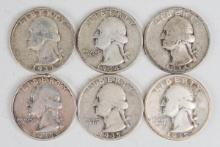 6 Washington Silver Quarters; 1932-P,1934-P,1934-D,1935-P,1935-D,1935-S