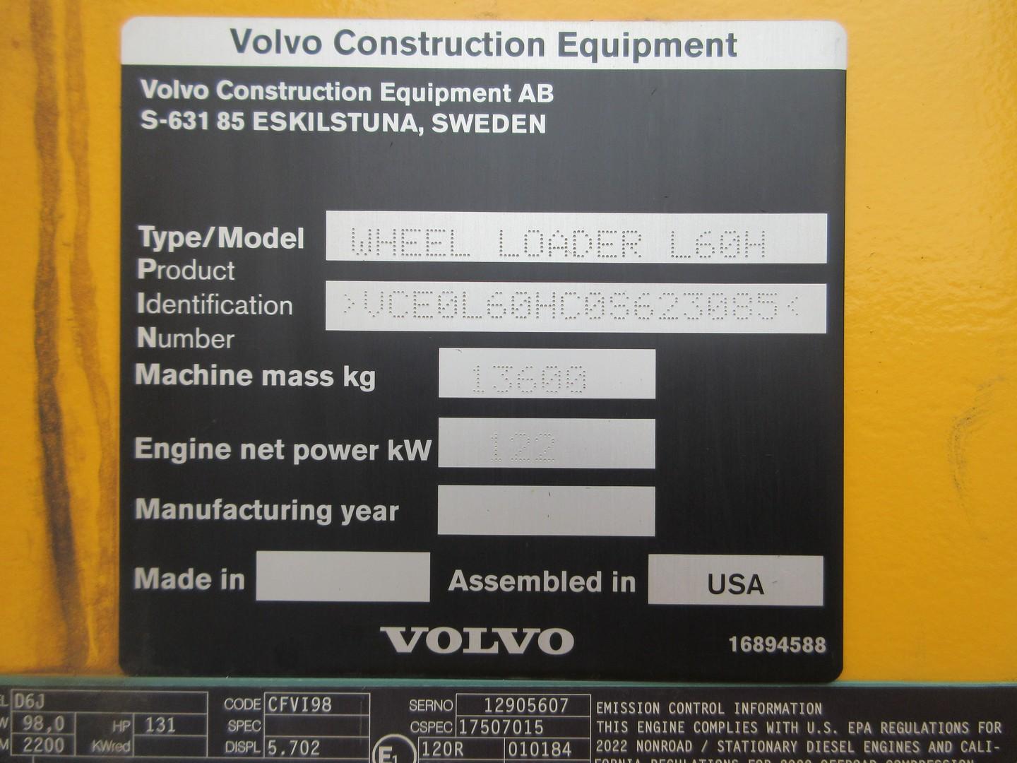 2023 Volvo L60H Rubber Tire Wheel Loader