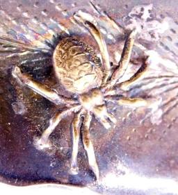George Shiebler Spider on Leaf Brooch 1438, Sterling w/ gilt, Signed, c. 1880's